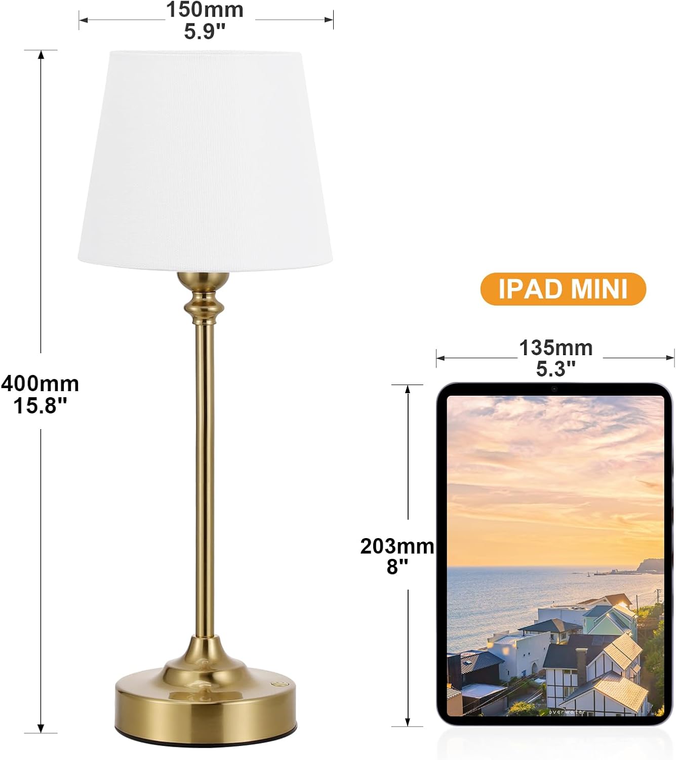Kakanuo Gold Cordless Table Lamp with Rechargeable Battery, 1 Pack | Touch Stepless Dimming with Memory, 4000mAh