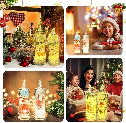 SupBri Christmas Flameless White Candles with Santa Claus, Snowman,Decals Set of 4, Battery Operated Christmas Themed LED Pillar Candles for Festival Christmas Decorations