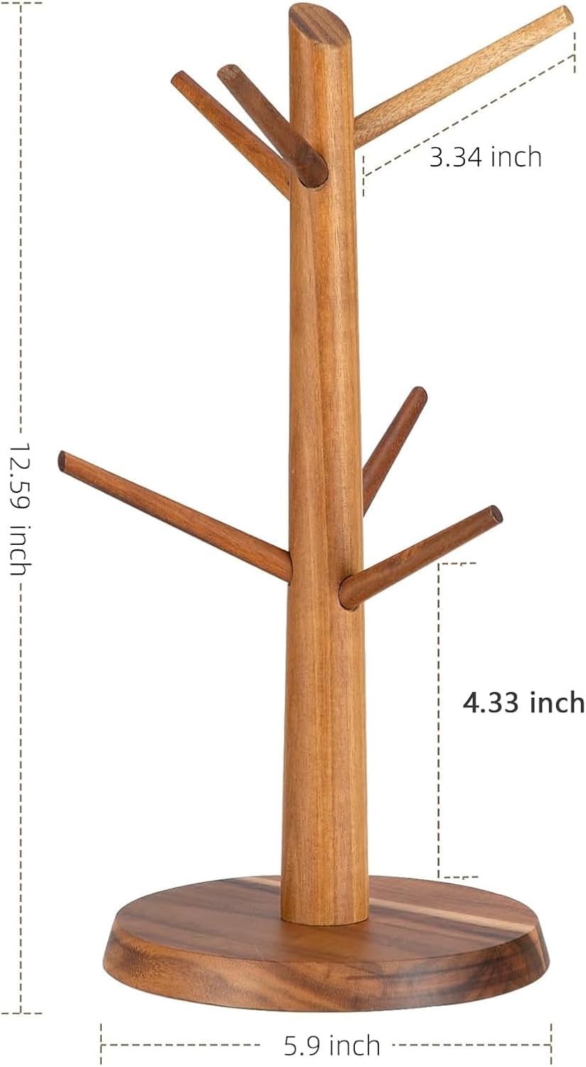 Acacia Wood Coffee Mug Tree Holder Countertop with 6 Hooks | Wooden Mug Organizer for Kitchen Coffee Bar, Easy to