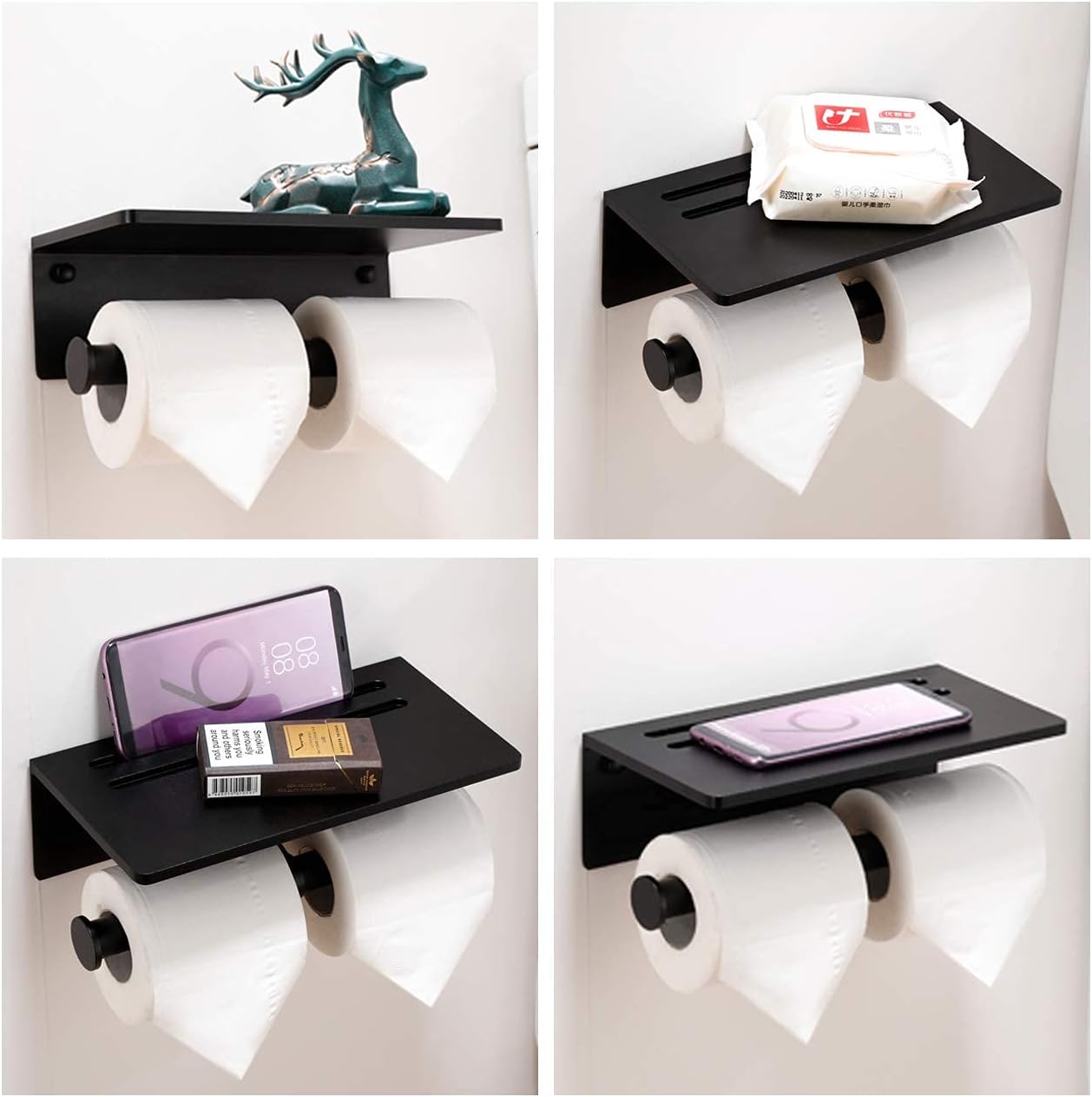Toilet Paper Holder - Aluminium Double Roll Toilet Tissue Holder with Mobile Phone Shelf for Bathroom, 3M Self Adhesive