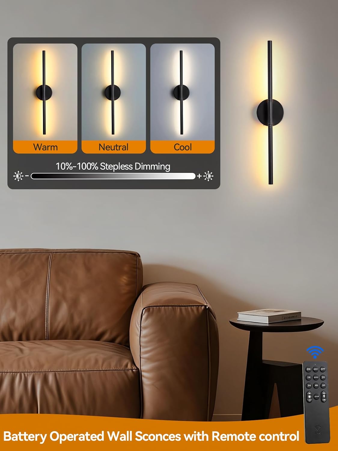 Battery Operated Wall Sconces Set of 2, Remote & Touch Control | 24 Inch Black Rechargeable Wall Light, Wireless