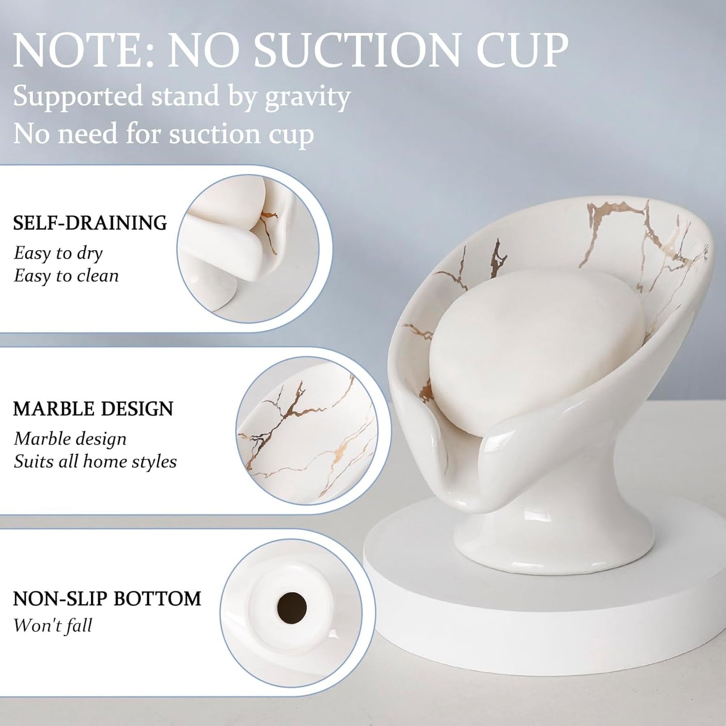 Self Draining Bar Soap Holder / Marble White / Set of 2