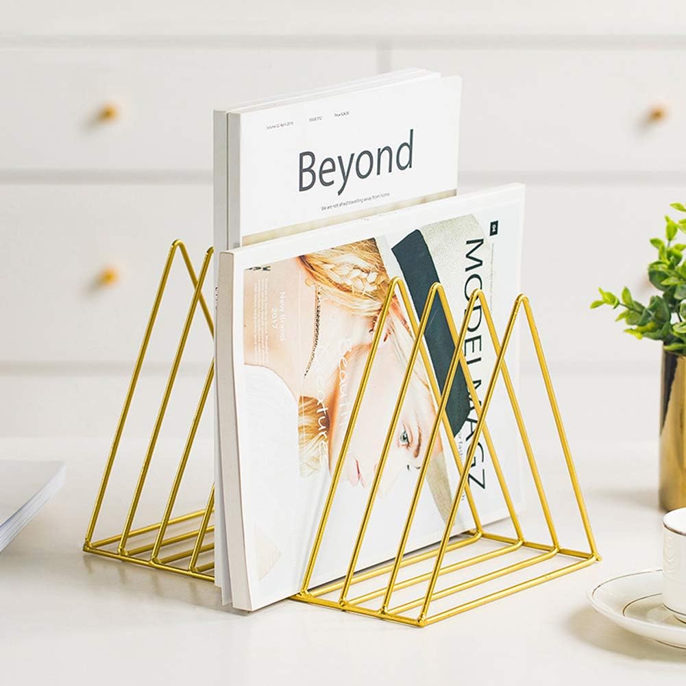 Sooyee 2 Pack 9 Slot Gold Magazine Holder, Desktop File Sorter Organizer Triangle Bookshelf Decor for Home Office, Iron