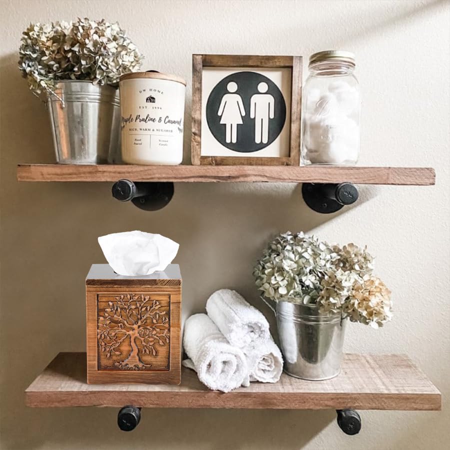 Embossed Wood Tissue Box Cover Square Brown Tissue Holder Lacquered Tree / Brown-tree of Life
