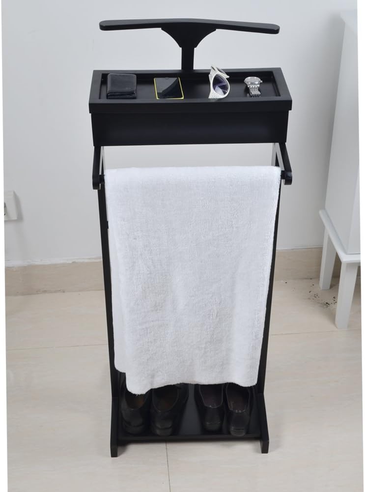 GLSCASA Black Wooden Valet Stand With Small Storage Compartments for Men