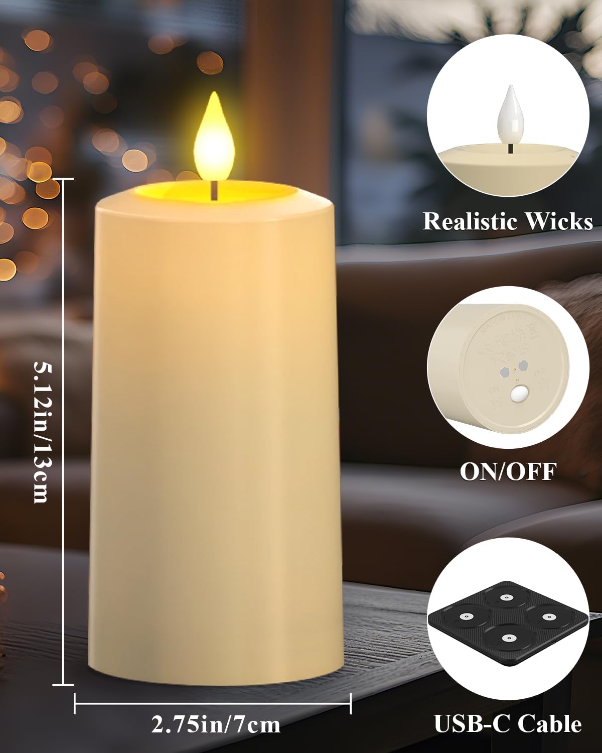 SoulBay Waterproof Rechargeable Flameless LED Pillar Candles, 4 Pack | Magnetic Charging Base, IP54 Waterproof, Remote