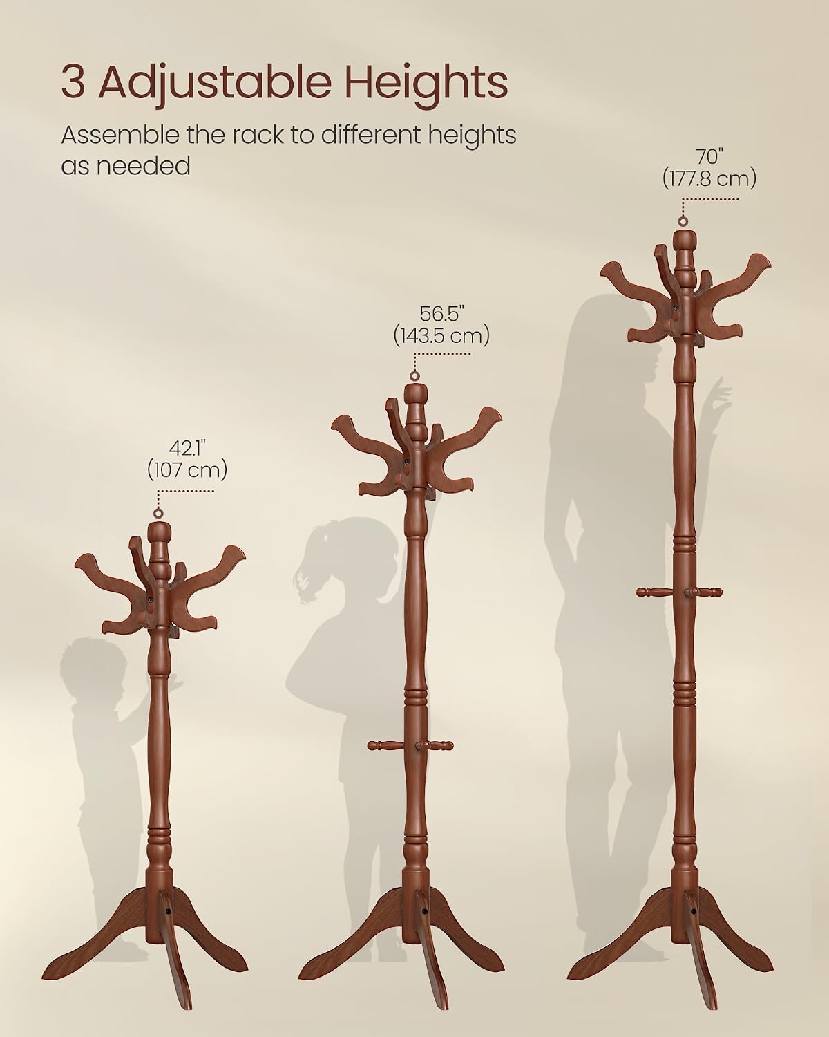 VASAGLE Freestanding Coat Rack, Rubber Wood Coat Tree with 11 Hooks | Hat Stand Garment Rack, 20.5 x 17.8 x 70.9 inch