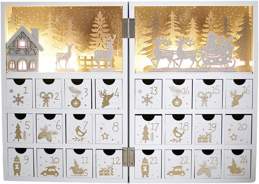 Wooden Christmas Advent Calendar Book with LED-lit Winter Forest Scene - 24 Drawer Countdown with Fine Silver Reindeer