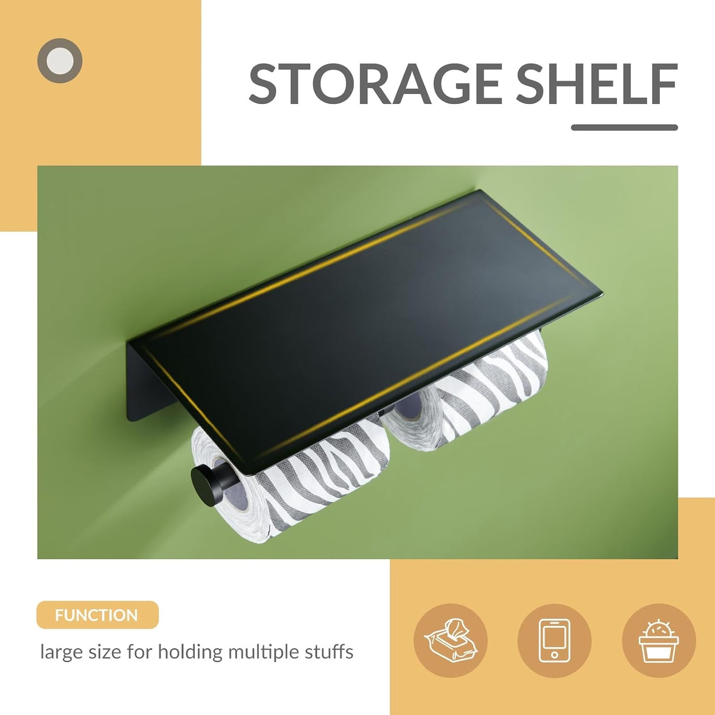APLusee Matte Black Double Tissue Holder with Storage Shelf, Wall Mounted | 304 Stainless Steel Toilet Paper Holder