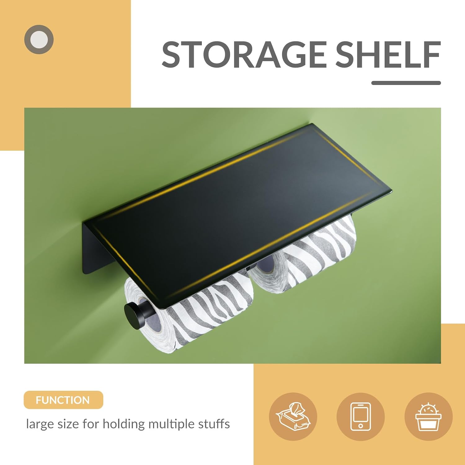 APLusee Matte Black Double Tissue Holder with Storage Shelf, Wall Mounted | 304 Stainless Steel Toilet Paper Holder