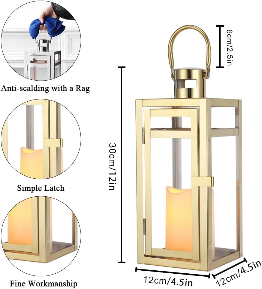TRIROCKS Set of 2 Stainless Steel Decorative Lantern 12'' High Metal Candle Holder Outdoor Candle Lantern with Tempered