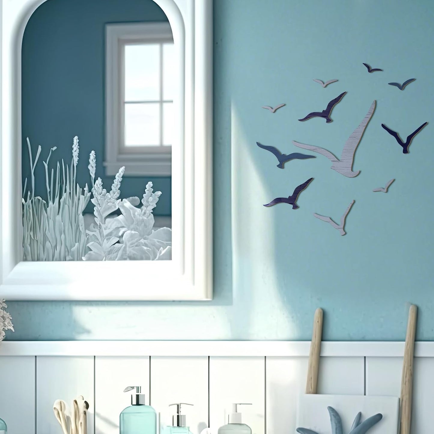 Wooden Seagull Wall Decor Nautical Theme Beach Coastal Art Small Seagull Sea / Blue / Set of 11