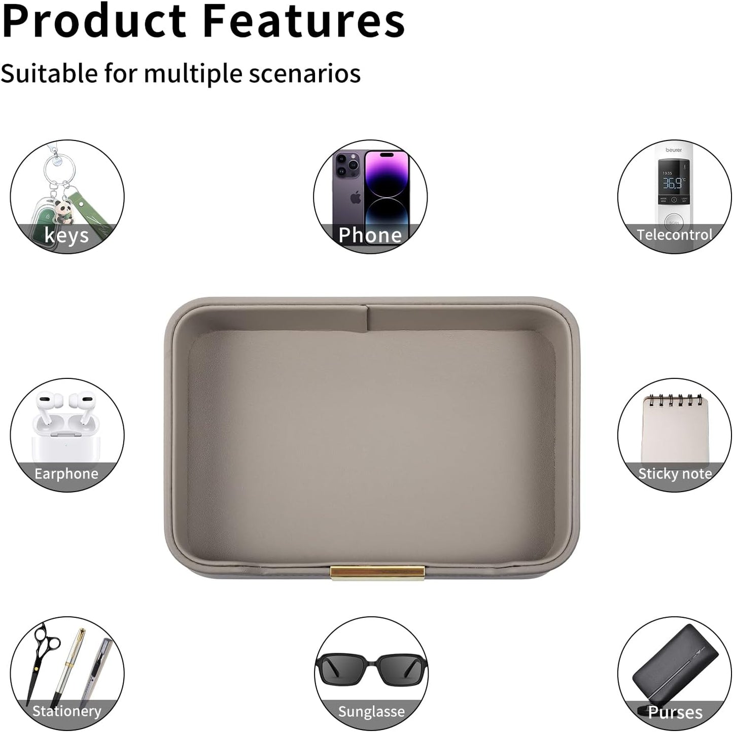 Leather Valet Tray Desktop Storage Organizer / 8.5 x 5.8 x 1.9 / Gray