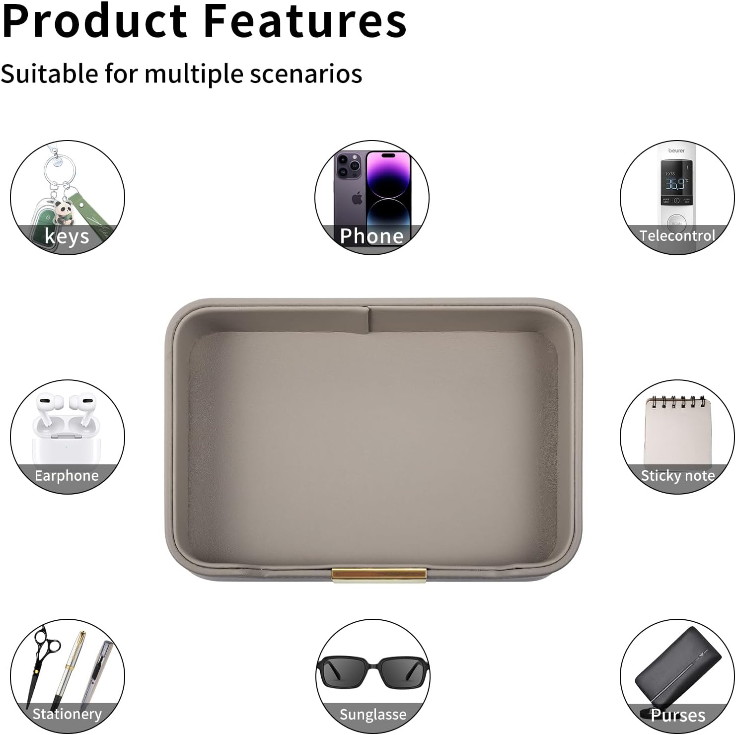 Leather Valet Tray Desktop Storage Organizer / 8.5 x 5.8 x 1.9 / Gray