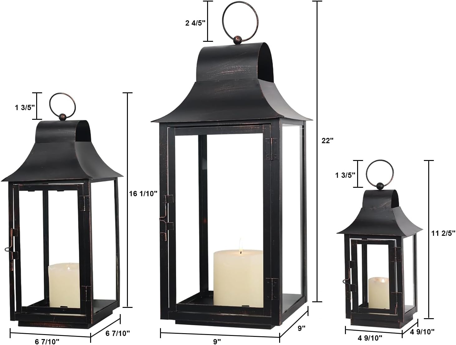 Lanterns Decorative Indoor & Outdoor, 22'' 16'' 11'' Large Candle Lanterns Decorative for Front Porch, Metal Frame