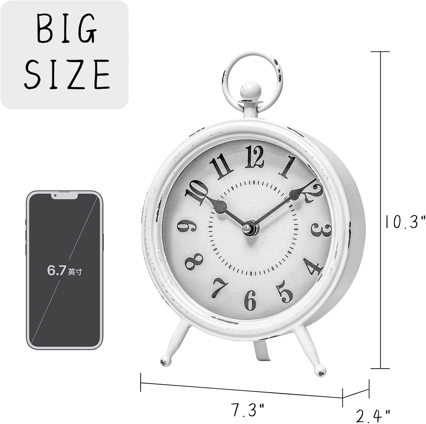 Vintage Rustic Table Clock on Stand / White / 10.5"H