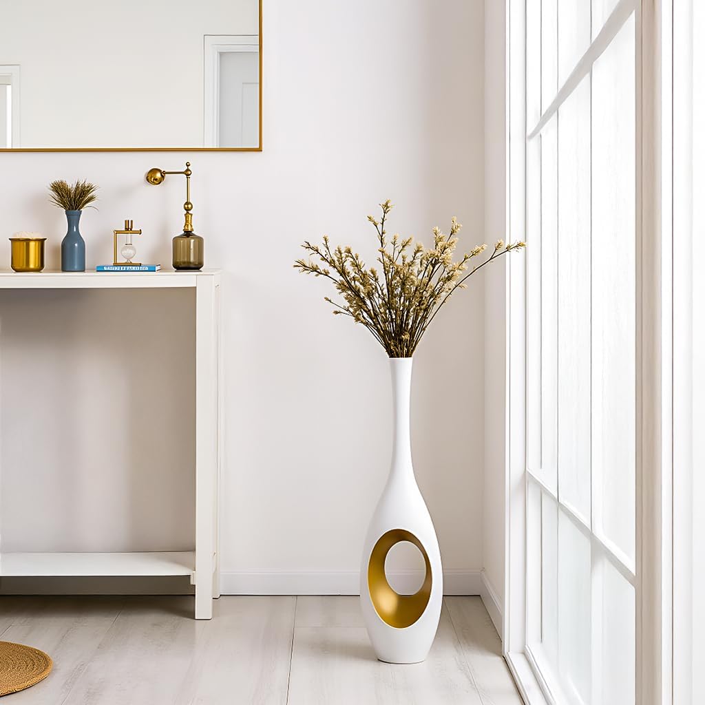 Modern Oval Floor Vase / White & Gold / 23.6in