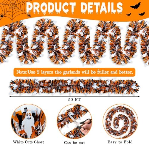 50FT Halloween Tinsel Garland with White Ghost Ornament