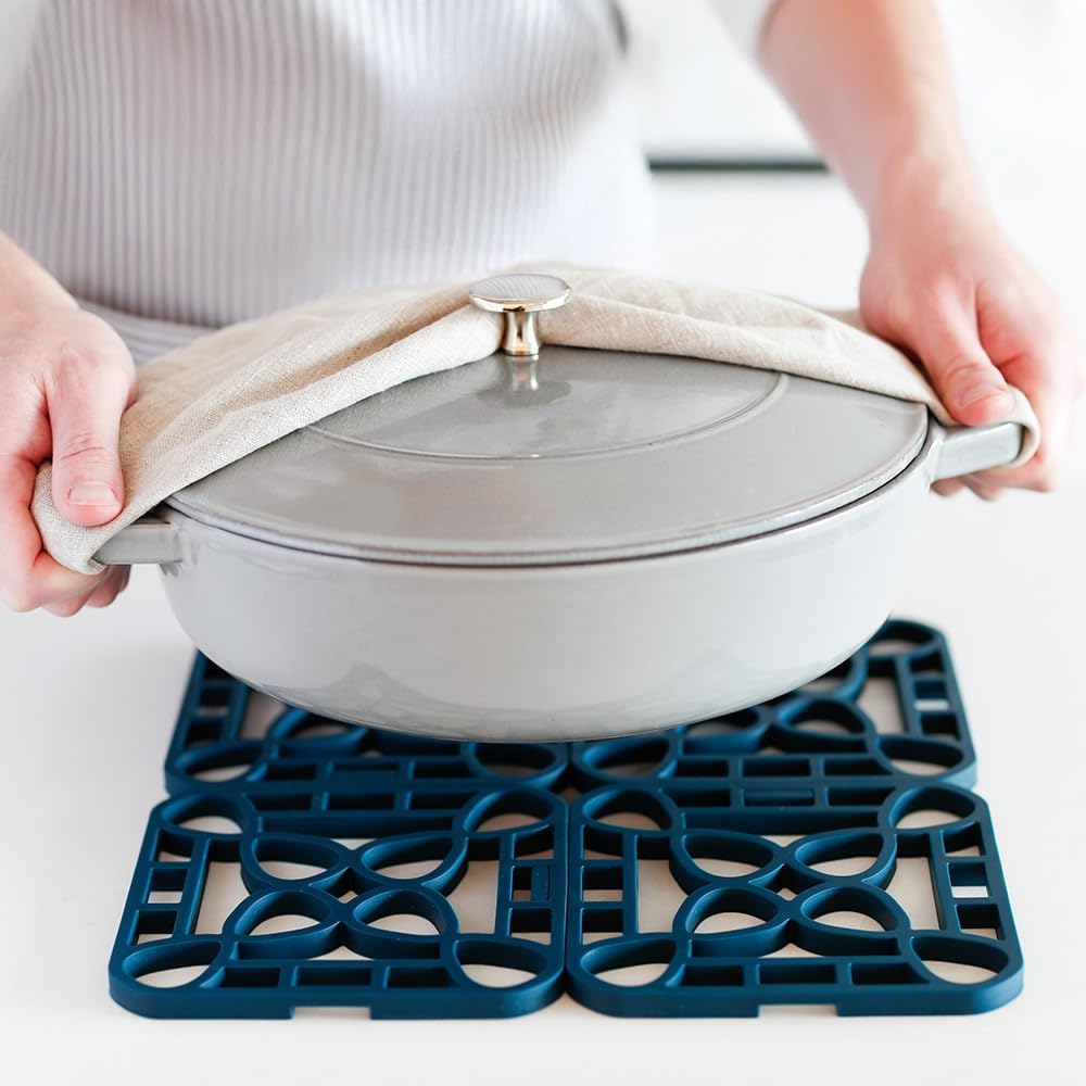 4-Pack Trivets for Hot Dishes - Blue Interlocking Hot Pads for Kitchen, Coffee Bar Essentials, Silicone Mats for
