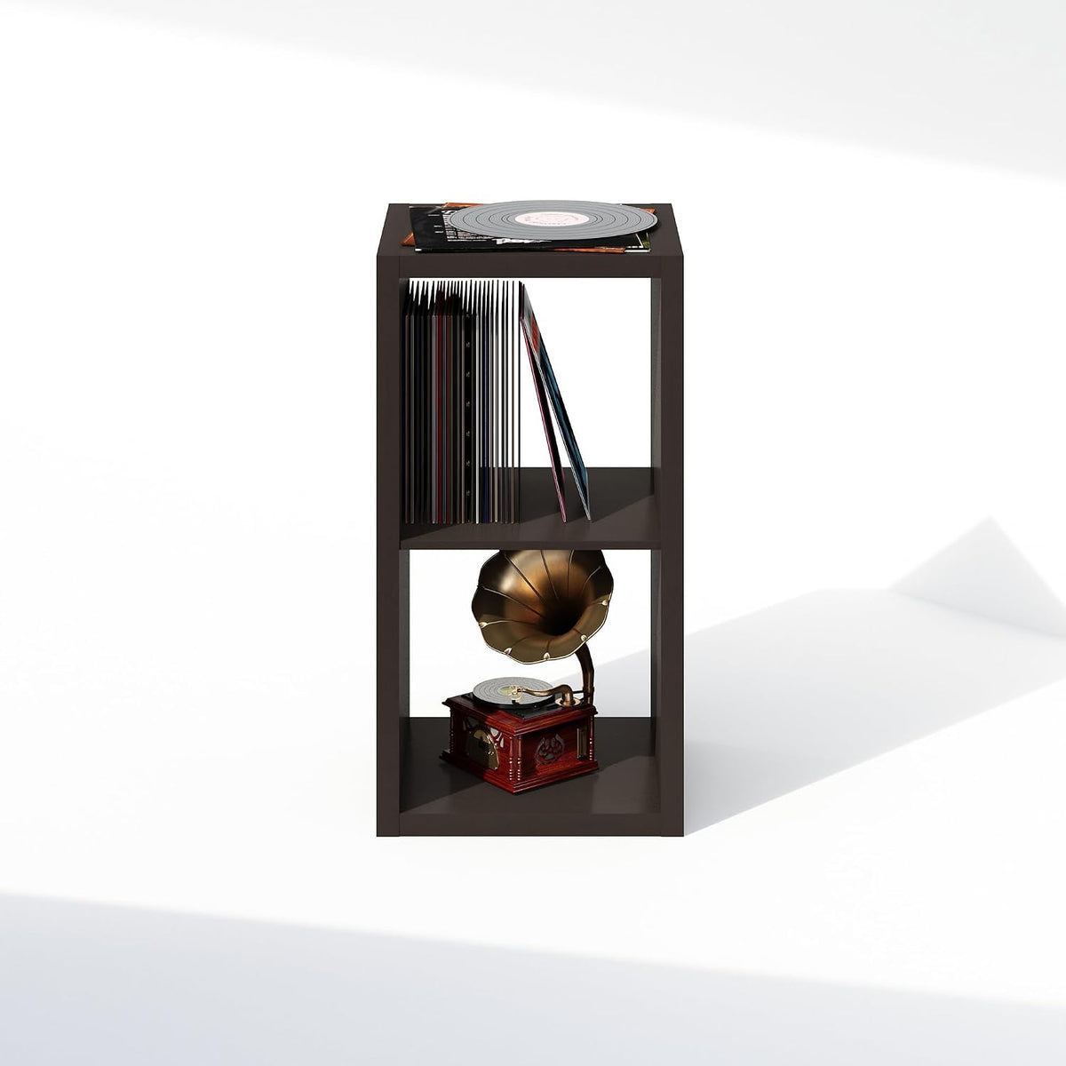 Furinno Cubicle Record Player Stand, 2-Cube Record Storage, Dark Oak | Vinyl Storage, 1.2"Inch Extra Thick, Open Back