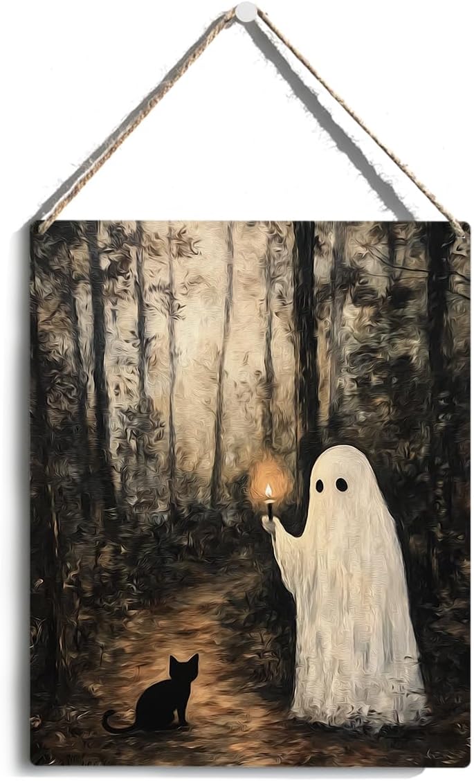 Cute Halloween Decorations Indoor: Funny Spooky Wooden Hanging Sign - Ghost Black Cat in Forest Door Sign Farmhouse Home Room Decor