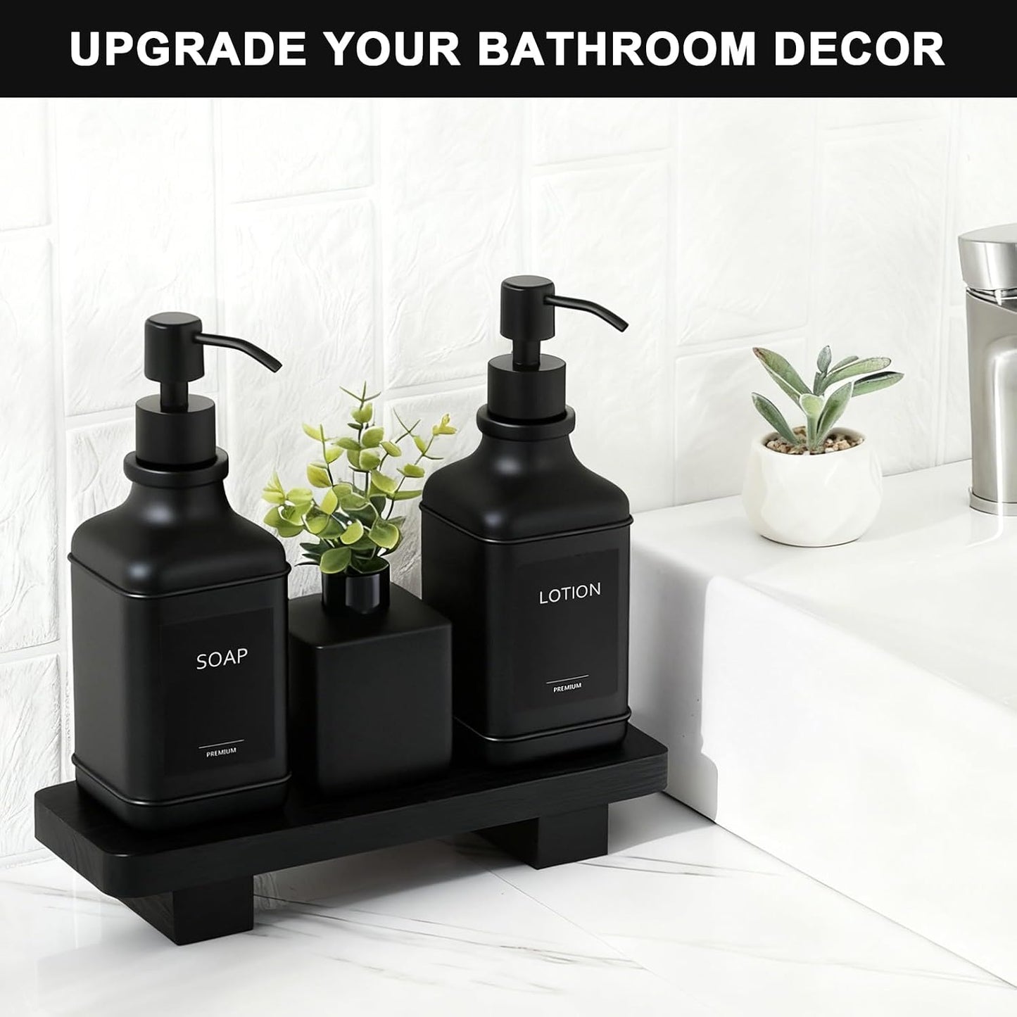 Modern Kitchen Soap Dispenser Set with Wood Tray, Black Glass Soap Dispenser with Pump, Decorative Hand and Dish Soap
