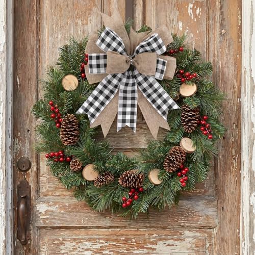 Buffalo Plaid Bow, 9.4 x 11.8 Inch Black and White Check Burlap with Wired Ribbon, Handmade Farmhouse Wreath Bow for Front Door Mailbox Lantern Tree Topper Year Round Decor