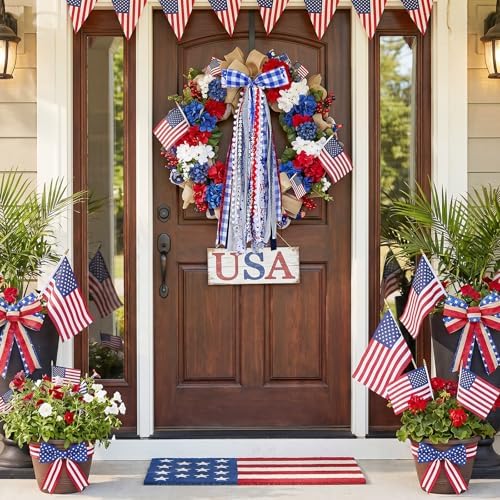 Patriotic Bows for Wreaths Red White Blue Grid Stars Tree Topper Bow for 4th of July,Independence Day,Memorial Day,Veteran's Day Indoor Outdoor Holiday Patriotic Decorations