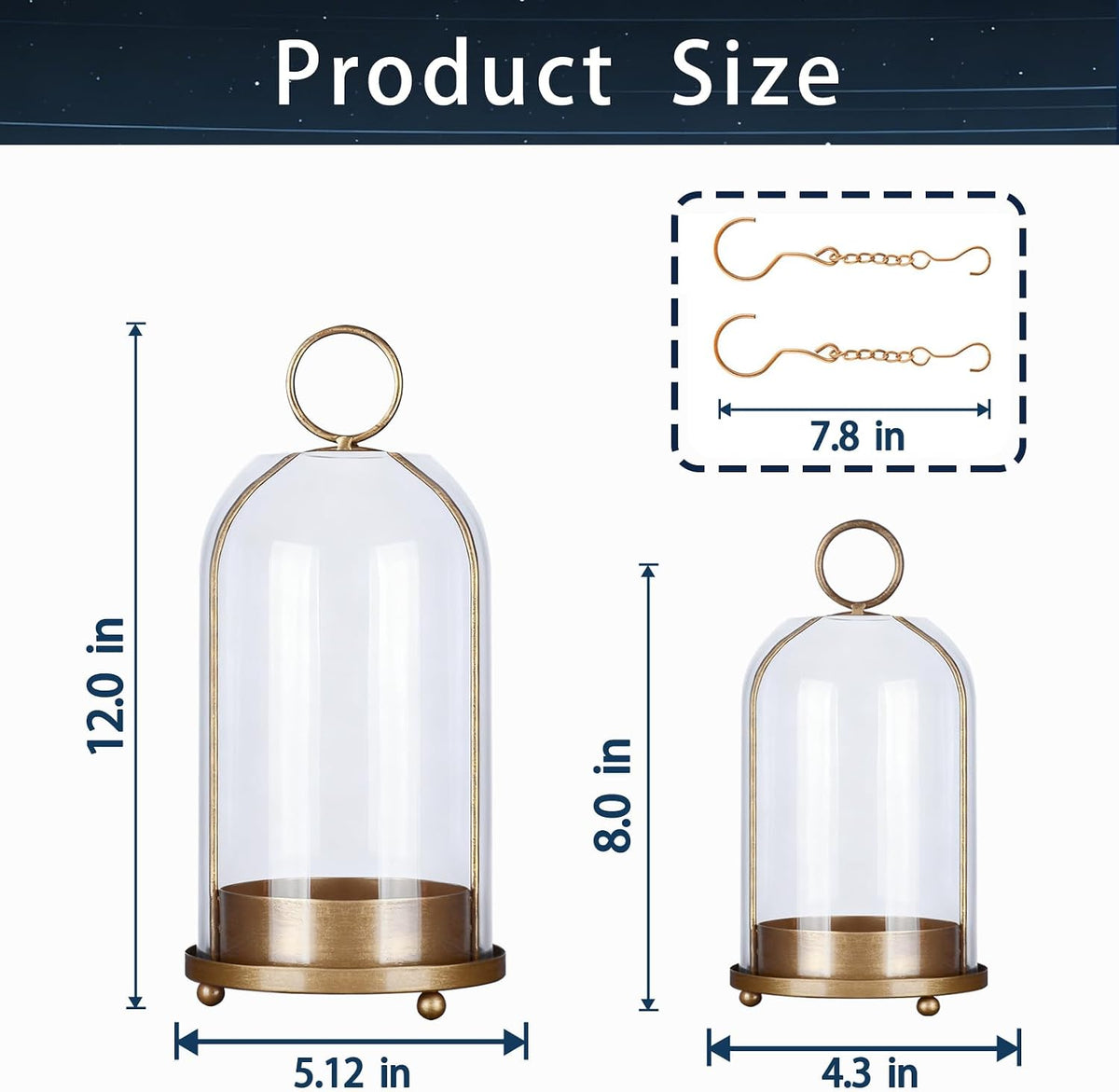 Metal Candle Holder,Hurricane Glass Candle Holders,Brass Base Dome Glass | 5""&4"" Handmade Pillar Candle Glass