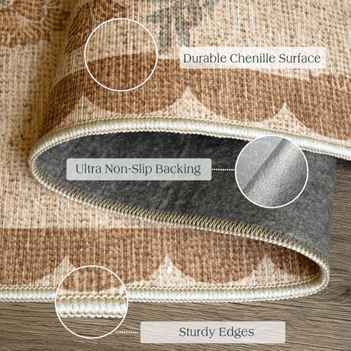 3x5 Floral Entry Rug - Small Washable Indoor Outdoor Mats for Front Door Non-Slip Jute-Look Porch Rug Boho Tan