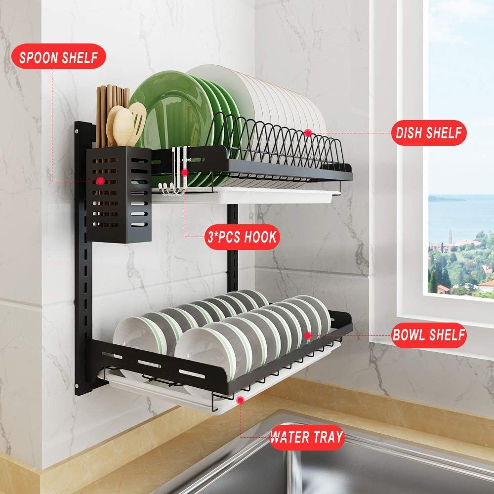 junyuan Kitchen Dish Rack,Hanging Dish Drying Rack Organizer Storage Shelf Over Sink,2 Tier Wall Mount Bowl Holder with
