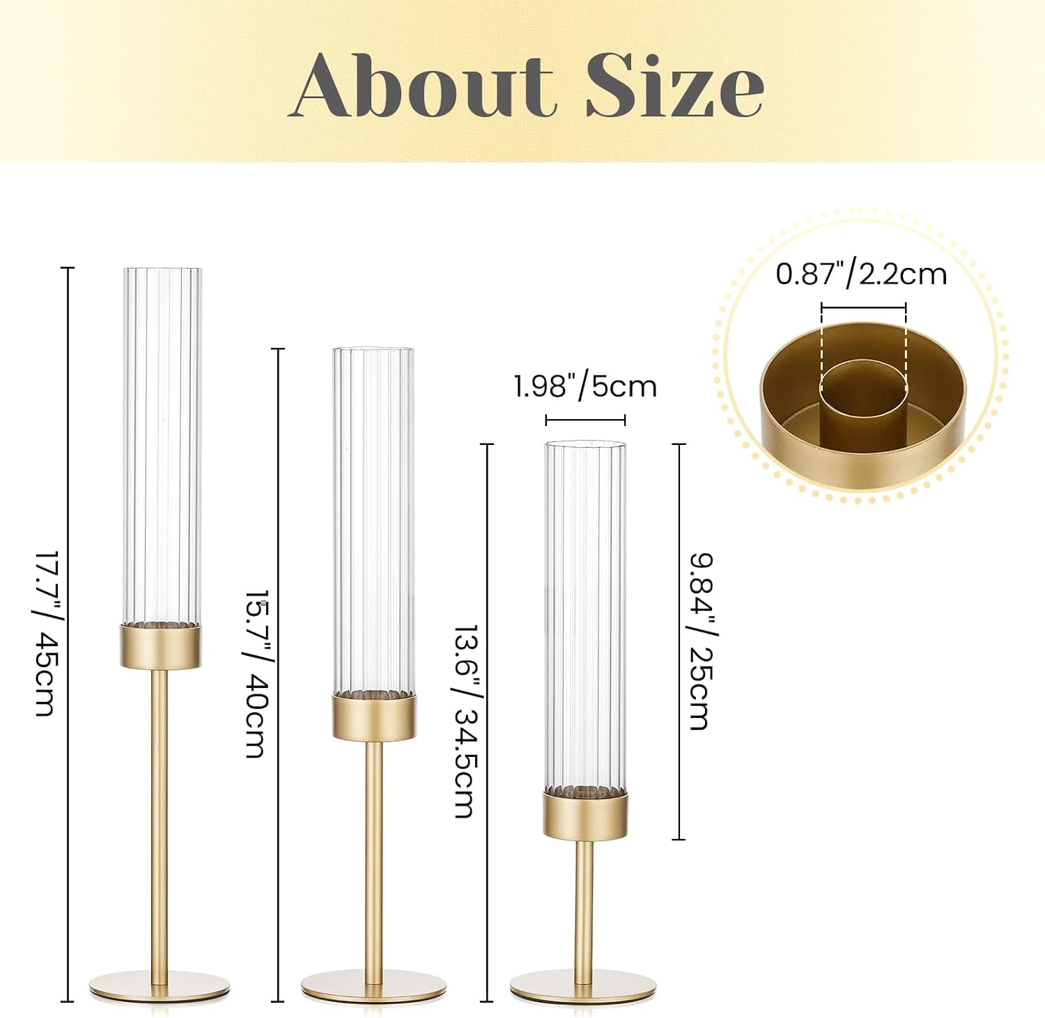 Hewory Gold Hurricane Candle Holder: 6PCS Candlestick Holders for Decor | Ribbed Glass, Brass Taper Candle Holders at 3