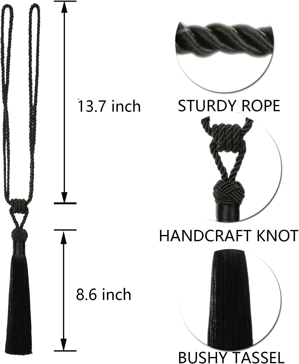 BEL AVENIR 4 Pack Curtain Tiebacks Hand-Woven Tassels Holdbacks | Black, Elegant, Home Decorative Tassels Ties for