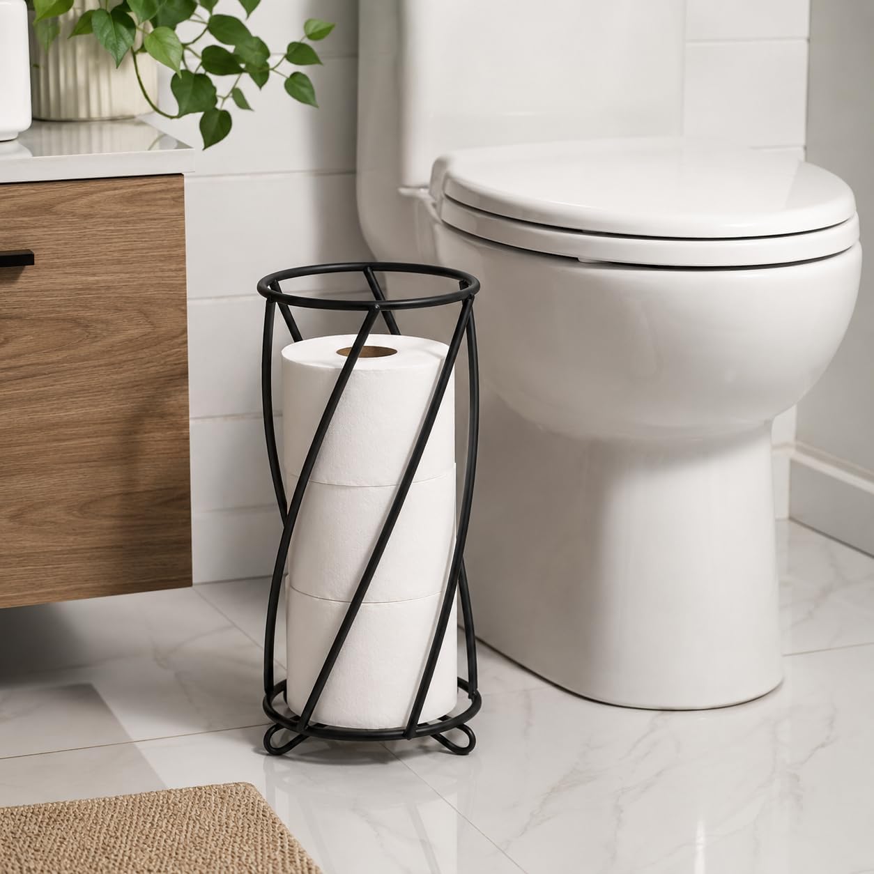 BROOKSTONE, Stylish Toilet Paper Holder, Freestanding Bathroom Tissue Organizer, Minimalistic Storage Solution, Modern