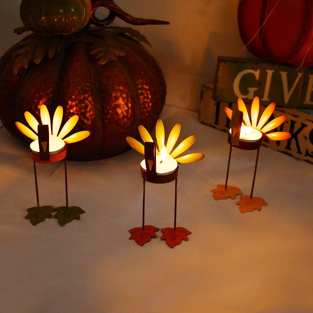 Attraction Design Decorative Candle Holder Thanksgiving Turkey Decorations Set of 3, Metal Turkey Home Decor Accent
