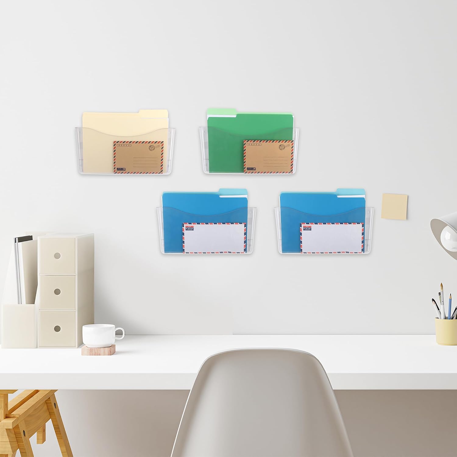 4 Pack Clear Single Pocket Hanging File Organizer, Plastic Wall Mount Paper Mails Magazines Holder, Mounted Folder Bins