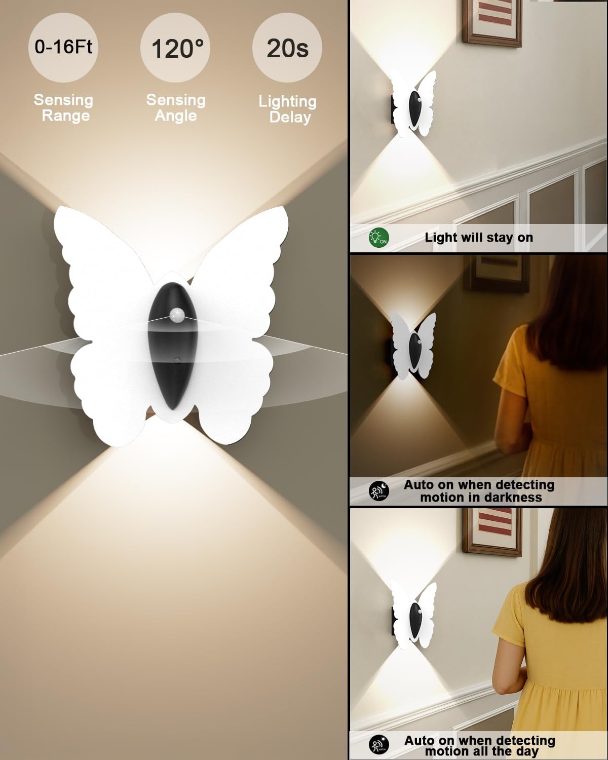 Eneru Motion Sensor Wall Sconce Set of 4, Rechargeable Wall Lights, White | 5000mAh Battery Operated Wall Sconces