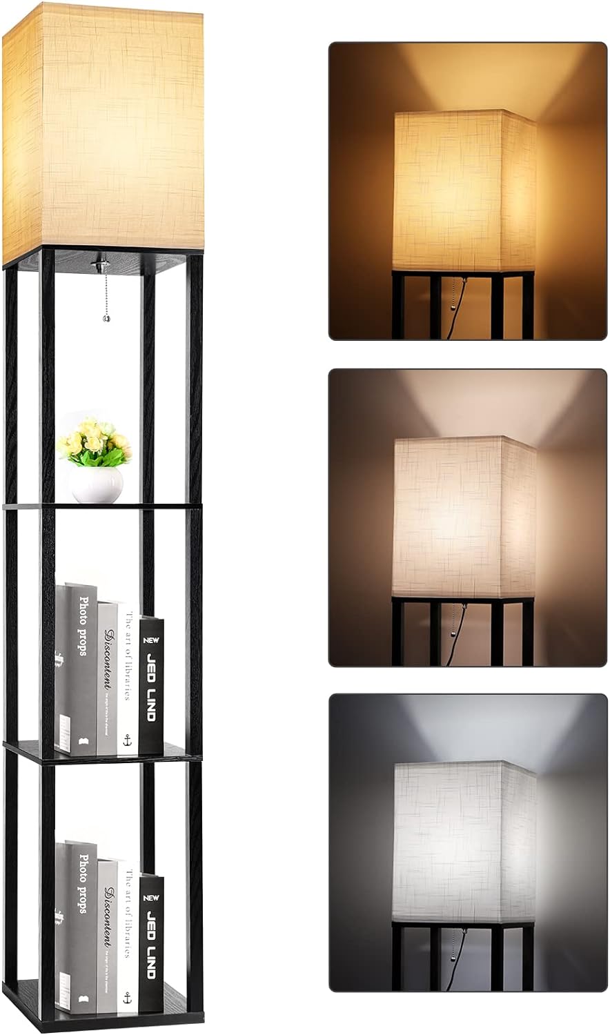 RUNTOP Floor Lamp with Shelves, Shelf Lamp with 3 Color Temperature LED Bulb,Floor-Lamp for Living Room, Modern Tall