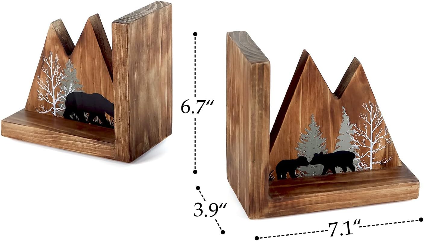 Heavy Duty Non Slip Rustic Woodland Mountain Wood Bookend Book Ends Book Stoppers for Cabin / Bear