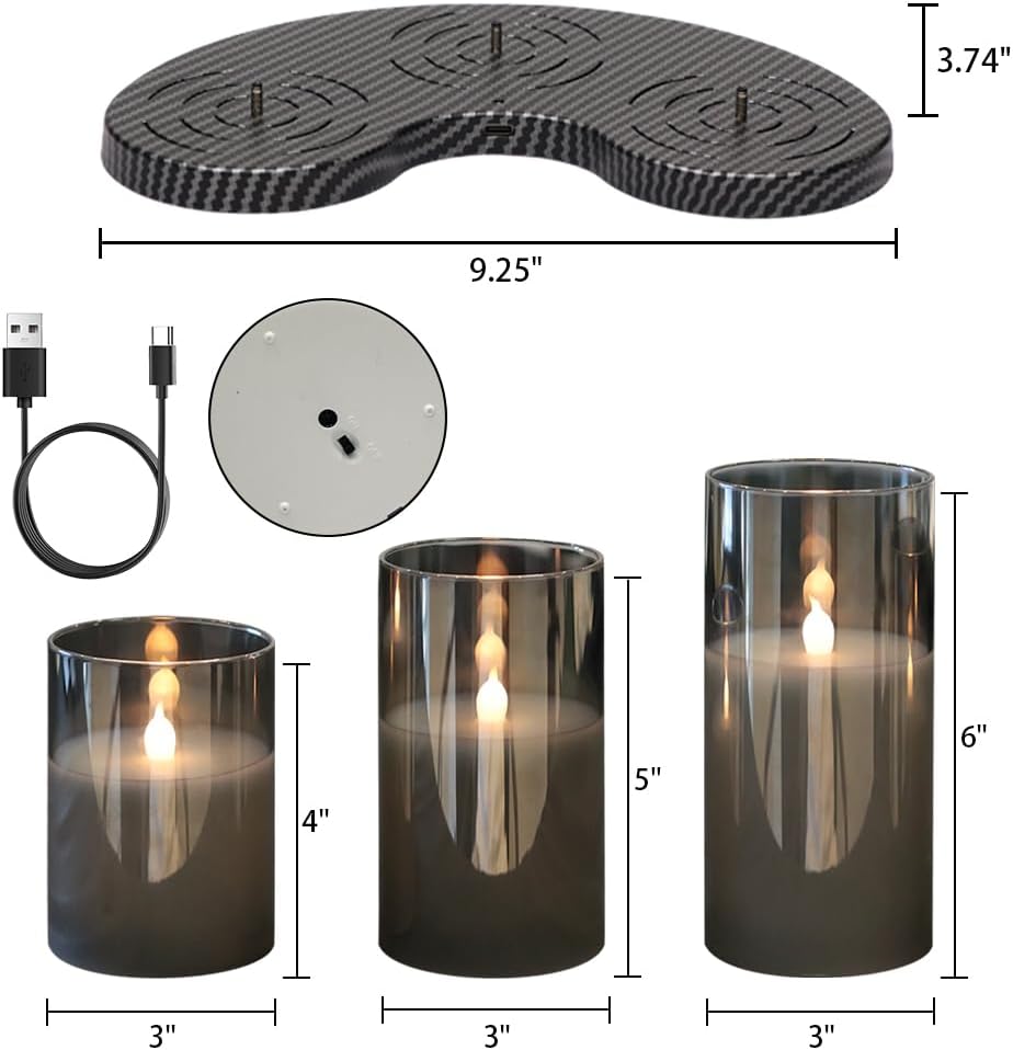 GenSwin Glass Rechargeable Flameless Candles with Remote Timer Black | Battery Operated LED Candles, Charging Base