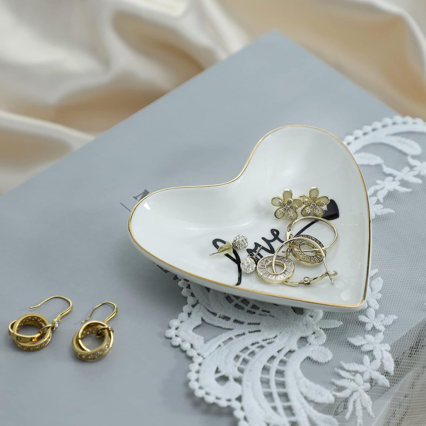 Original Ceramic Heart Shape Ring Dish Holder Jewelry Tray Dish Trinket Holder Jewelry / Love U