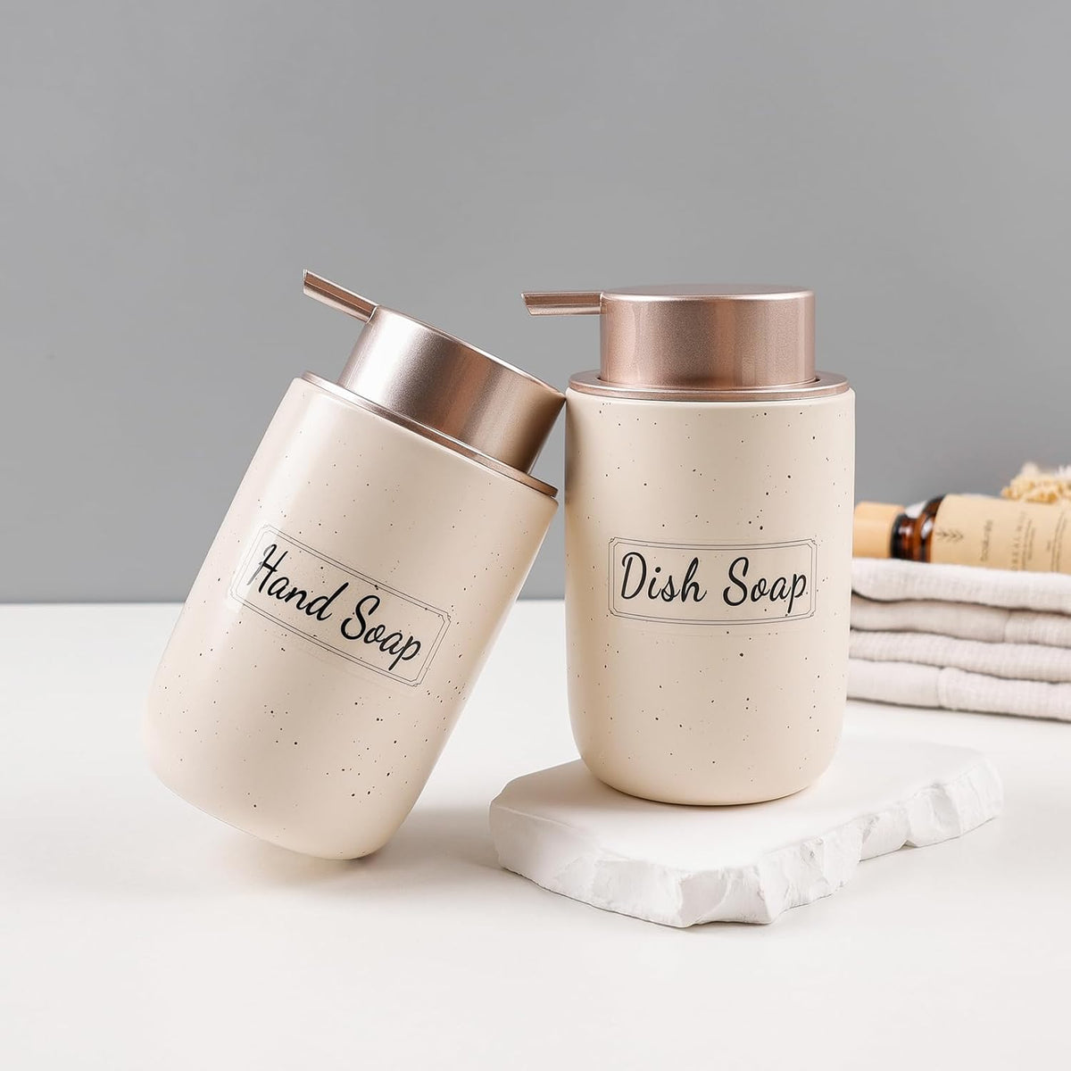 BosilunLife Apricot Soap Dispenser Set-2 Pack 12oz Ceramic Soap Dispenser | with Rust Proof Pump for Kitchen, Hand Soap