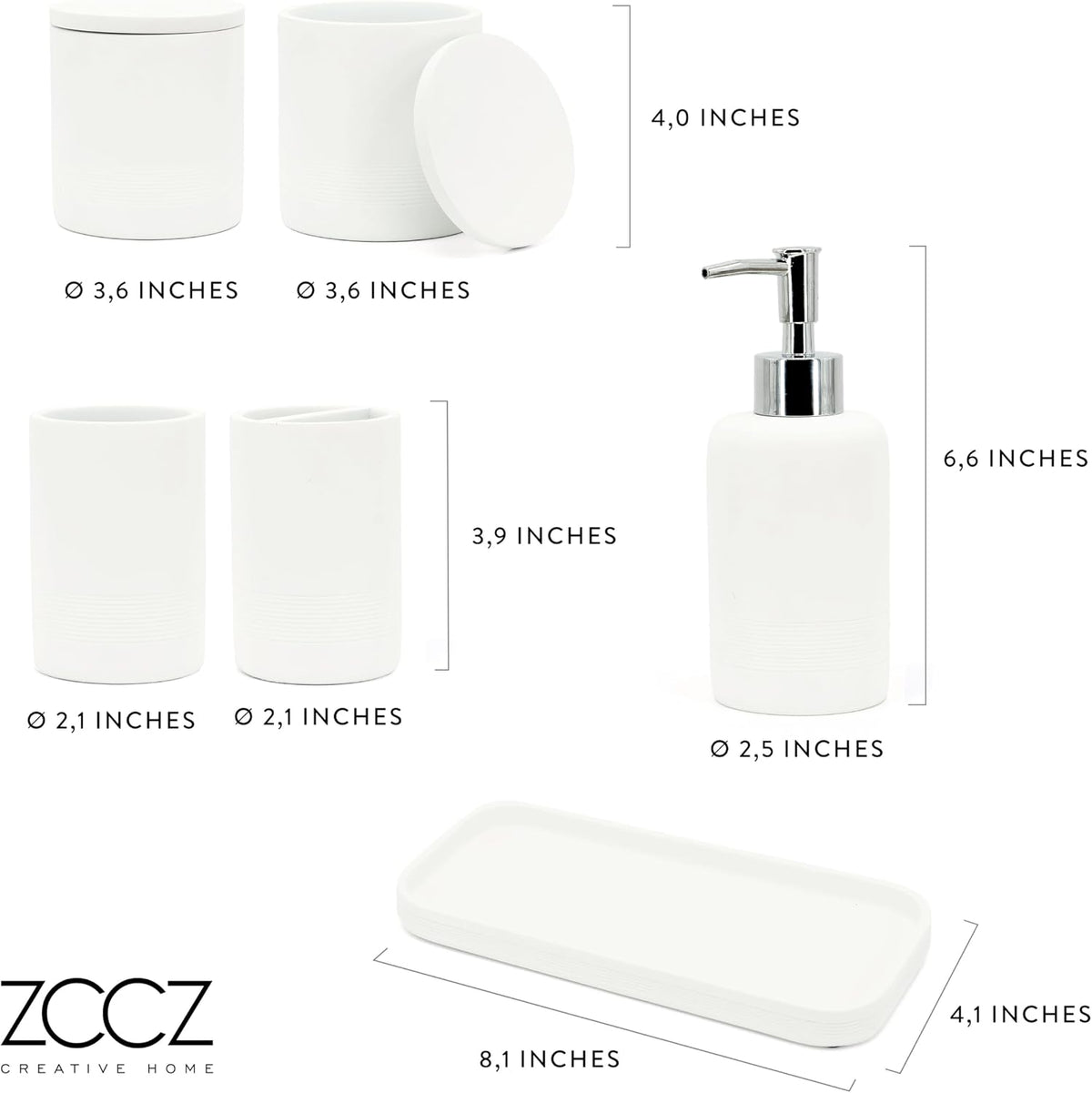 White Bathroom Accessories Set 6 Pieces - Toothbrush Holder, Lotion Dispenser, Qtip Container, Vanity Tray, Tumbler