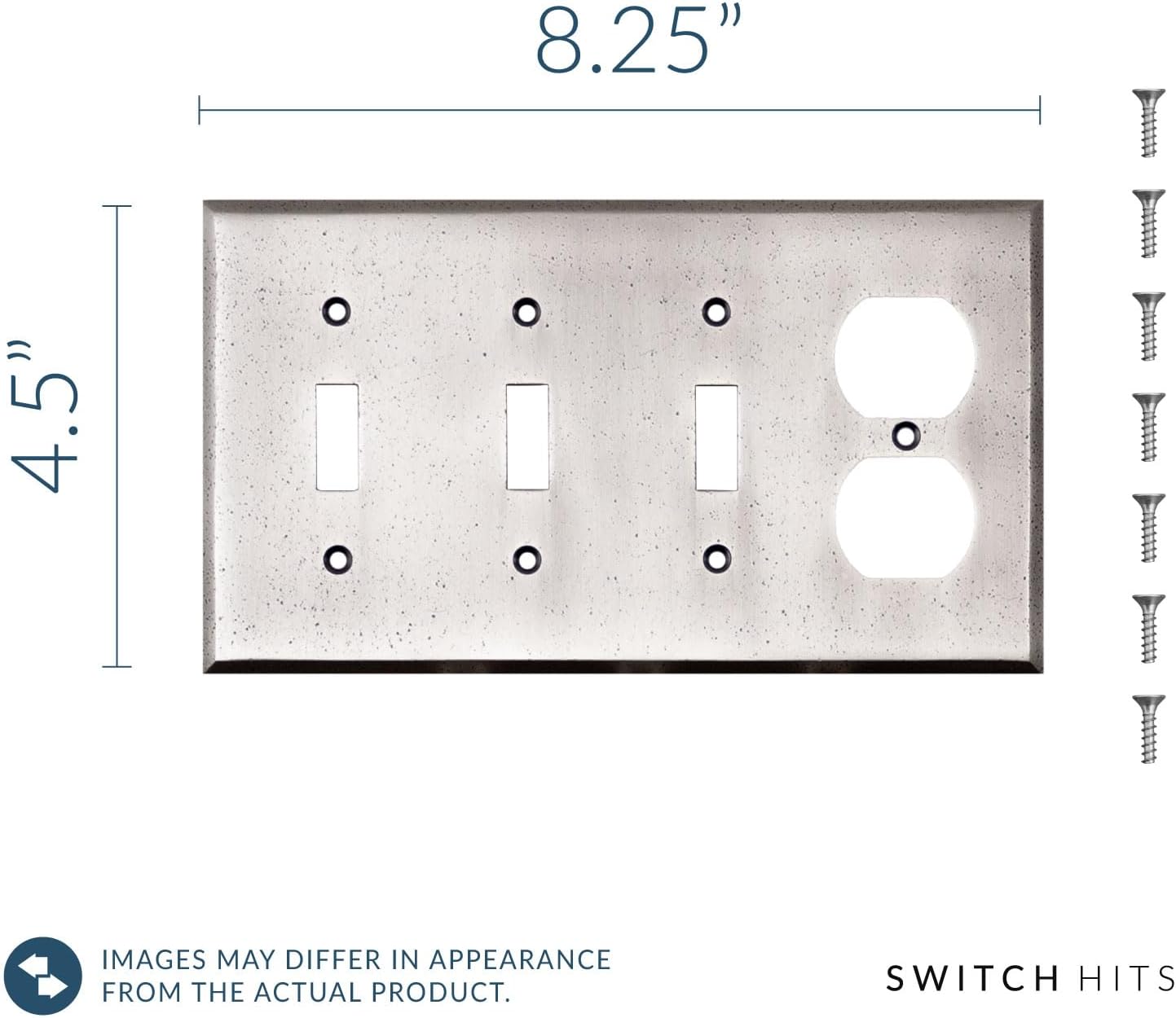 Distressed Antique Pewter Outlet Wall Plate | 3 Toggle - 1 Duplex | 8.25" x 4.5" | Hand-Polished Brass Construction