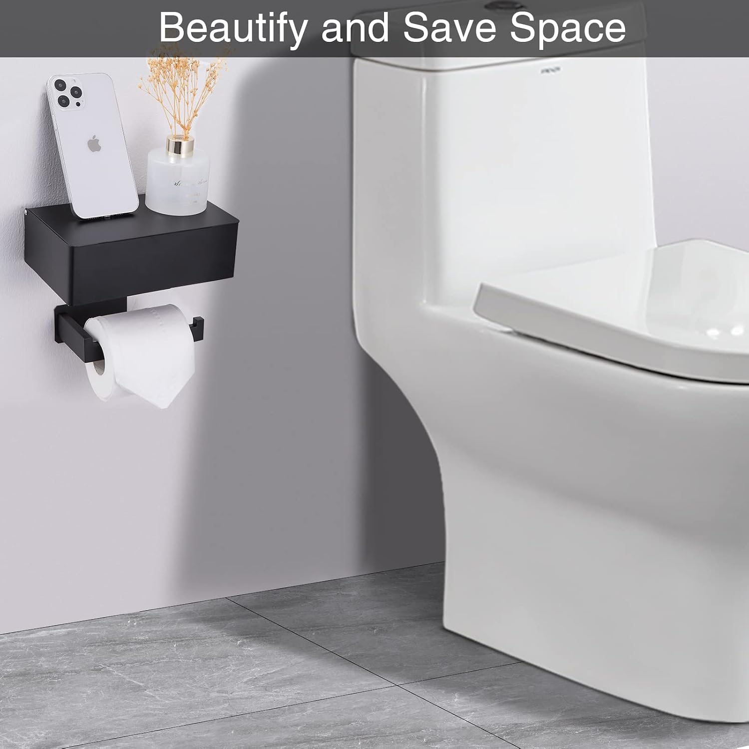 Adhesive Toilet Paper Holder with Shelf and Storage, Wall Mount Toilet Paper Roll Holder & Flushable Wipes Dispenser