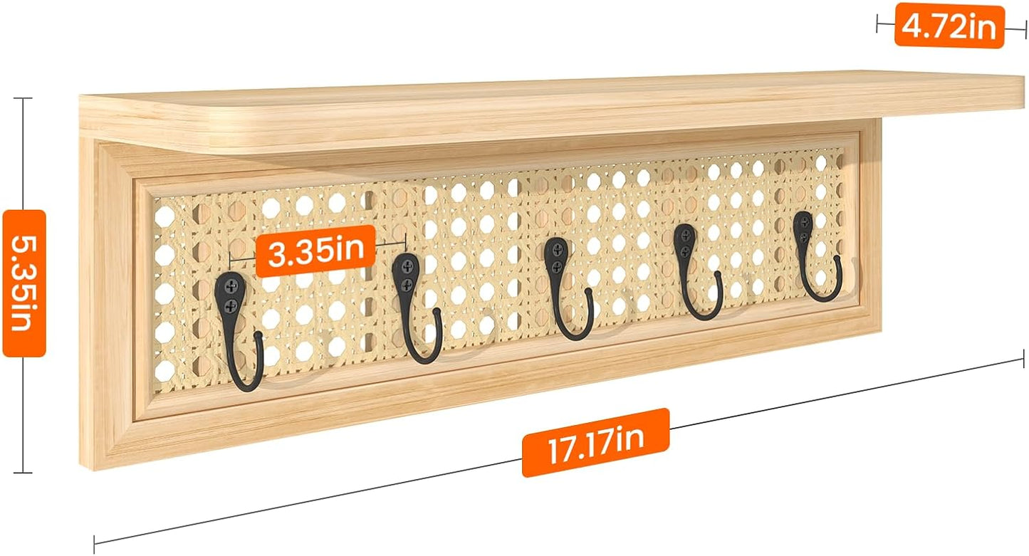 Wood Floating Shelves / Metal Hook / Natural