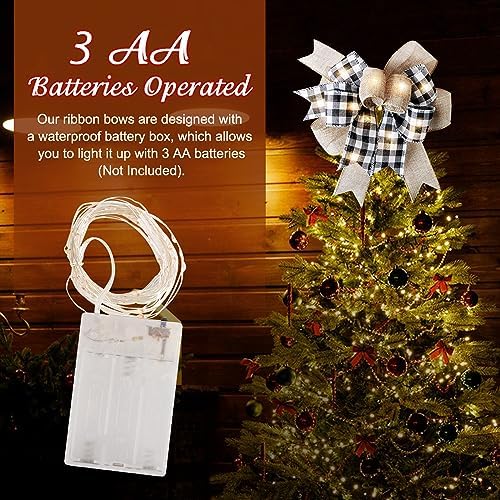 LED Christmas Buffalo Plaid Bow Rustic Burlap Black White Wreath Bow with LED Lights for Holiday Decorations (9.5 x 13 inch)