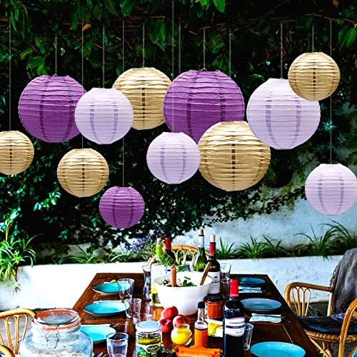 14 Pcs Purple Lavender Gold Paper Lanterns, 6-10 in Hanging Party Decor Set