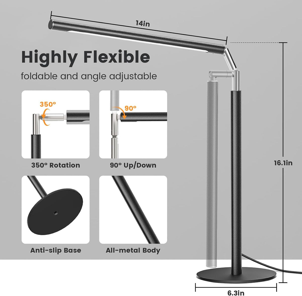 Metal LED Desk Lamp, 16" Dimmable Desk Light with Base, 15W 1200LM, Adapter Included, Color & Brightness Adjustable