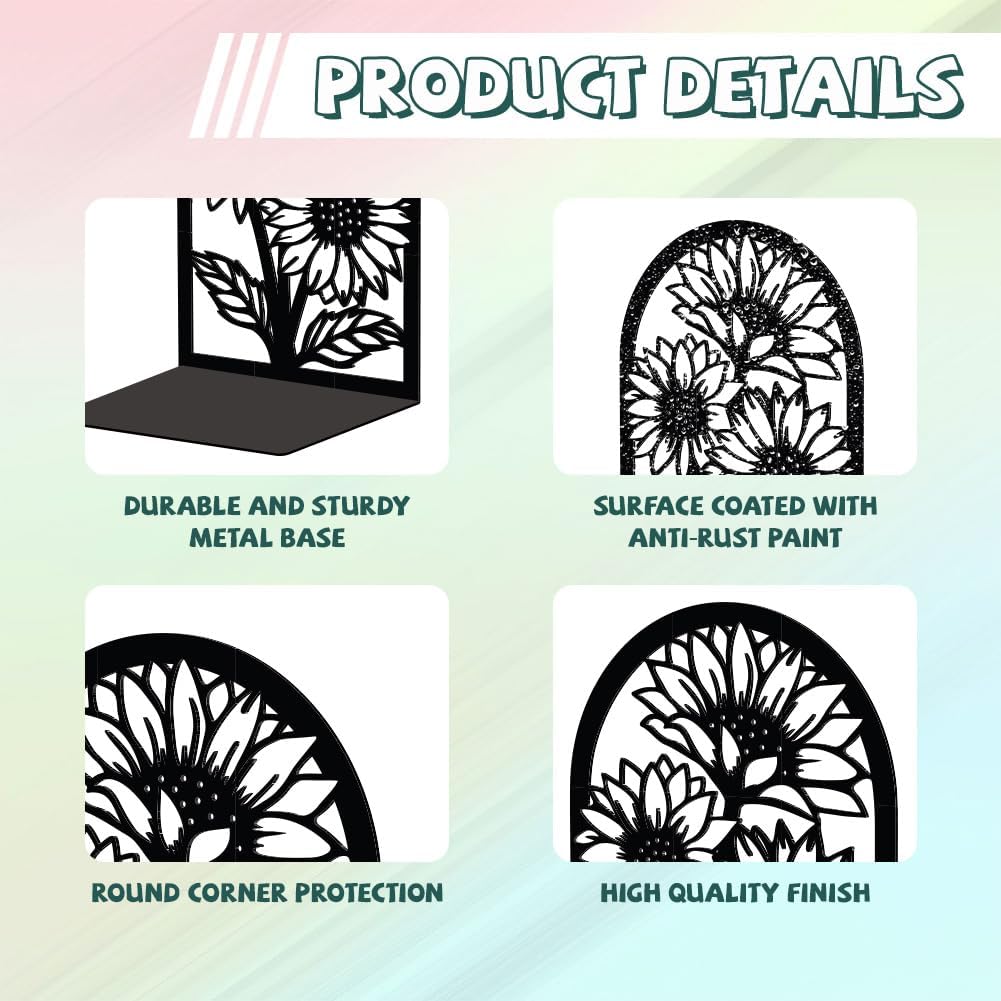 Metal Bookends / Modern Decorative Heavy Duty Study Book Support Stoppers / Sunflowers